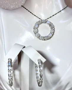 Colleen Lopez Sterling Rainbow Moonstone Circle Pendant Necklace In Out Earrings - Picture 1 of 13
