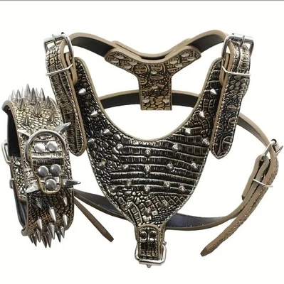 Gold Leather Spiked Studded Dog Harness Collar Leash Set Pitbull Staffordshire - Image 1 of 4