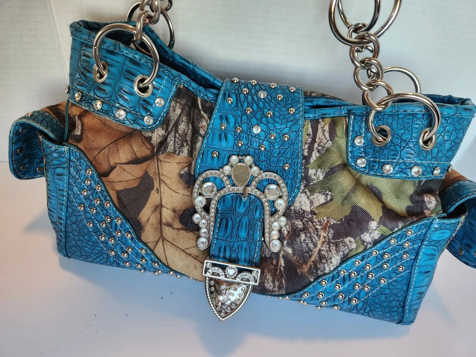 Concealed Carry Handbag Studded Bling Camo, Sky Blue Purse Shoulder Bag Moc Croc - Image 1 of 4
