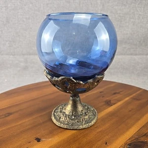 Blue Glass Bowl with Cast Metal Stand 6 Inch Decortive Globe Goblet - Picture 1 of 6