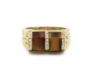 Brown Tigers Eye Diamond Brick 18K Yellow Gold Men’s Statement Ring - Picture 1 of 7