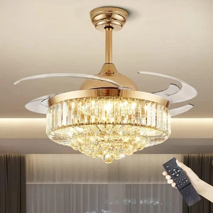 48 in. Indoor Modern Ceiling Fan with Light Gold Retractable Crystal Chandelier - Picture 1 of 7