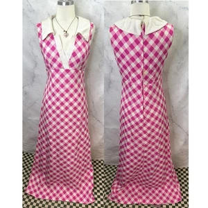 Maxi Vestido Vintage Años 50 60 Rosa Pradera Guinga Gatito Cuello Retro Imperio Mod - Imagen 1 de 24