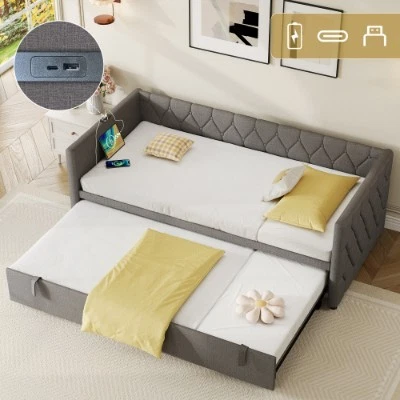 Upholstered Daybed, Sofa Bed With Charging Station, 3ft Single Button-tufted Bed - Image 1 of 4