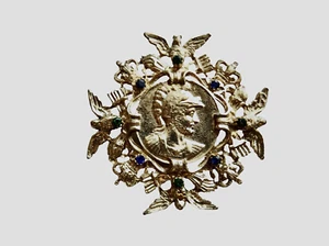 rEGAL METAL DETAILED PENDANT BLUE GREEN RHINESTONE ACCENTS BEZEL GONE neocurio - Picture 1 of 10