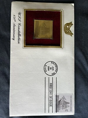 Sello de oro 22kt ReP primer día de emisión USS Constellation 150 aniversario Foto 1 de 4