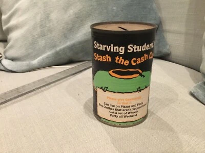 vintage starving students money tin box stash the cash can 1980s - Image 1 of 4