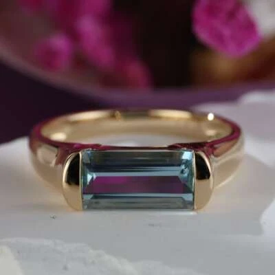 Solid 14k Gelbgold Natürlich Blau Aquamarin Edelstein Solitaire Verlobungsring - Bild 1 von 4