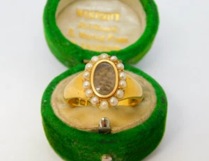 18ct Yellow Gold, Seed Pearl & Hair Set Mourning Ring Antique 1913 Chester - Picture 1 of 7