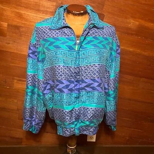VINTAGE 90s 100% Silk Size L Aztec Geometric Windbreaker FUDA International - Picture 1 of 6