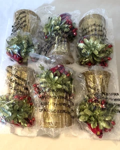 RARE SET OF 6 GOLD BELLS ORNAMENTS CARDINALS VALERIE PARR HILL 6" TALL CHRISTMAS - Picture 1 of 2