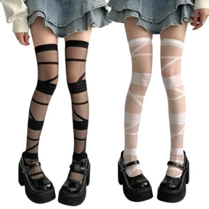 Japanese Women JK Girl Over Knee Socks Bandage Pattern Sheer Silk Long Stockings - Picture 1 of 10