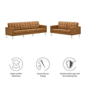 Loft2-Piece Tufted Vegan Leather Furniture Set in Silver Tan - Picture 1 of 10