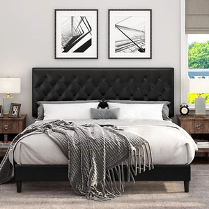 Upholstered Platform Bed Frame with Button Tufted Headboard, Faux Leather, Woode - Picture 1 of 7