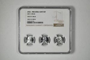 1943 P D S 1c Lincoln Steel Wheat Cent Set NGC MS 64 Three Coin Lot - Tri-Holder - Picture 1 of 3