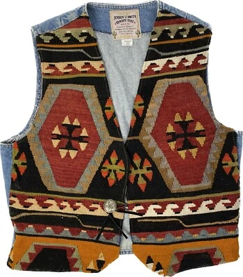 Vintage Jensen & Smith Cowboy Code Sz XL Denim Tapestry Vest Southwestern Kilim - Image 1 of 4