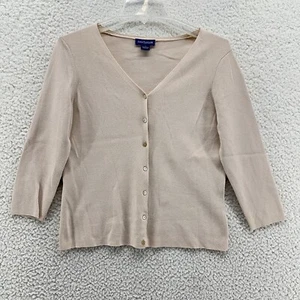 Vtg Ann Taylor S Beige Vneck Button Up Sweater Cardigan 3/4 Sleeve Tight Knit Y2 - Picture 1 of 12