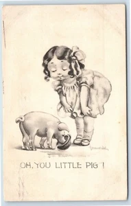 Zeichnung von kleinem Mädchen und Schwein Künstler signiert Bernhardt Wall 1911 Postkarte - Bild 1 von 2