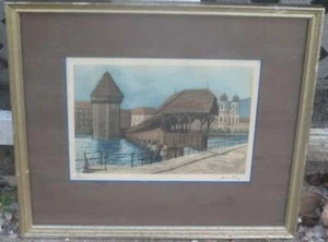 HANS FREY ORIG PENCIL SIGNED AQUATINT ETCHING KAPELLBRUCKE LUCERNE - Picture 1 of 1