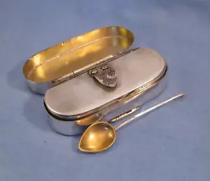 More details for unusual antique double lidded snuff box with spoon silver tobacco