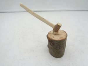 Primitive Hand Carved Wooden 4" Ax Tool in Stump Dollhouse Lumberjack Miniature - Picture 1 of 4