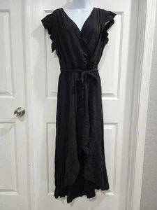 Women Black Dress Cross V Neck Bohemian Flowy Long Maxi Dress Black-Medium - Picture 1 of 6