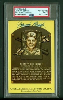 Johnny Bench Autographed Yellow Hall of Fame Plaque Postcard PSA/DNA Encased - Image 1 of 2