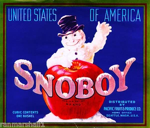 Seattle Washington Snoboy Schneemann Schnee Apfel Kiste Etikett Vintage Kunstdruck - Bild 1 von 1