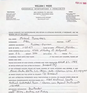 MIKE POMERANZ 1989 QUESTIONARIO BASEBALL STAMPATO FIRMATO - Foto 1 di 2