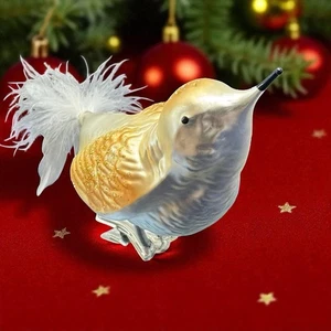 PIUME ALA GLITTER BIANCO ORO CLIP SU VETRO SOFFIATO ORNAMENTO NATALE - Foto 1 di 11