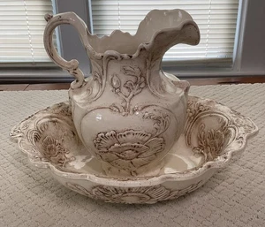 Vintage Pottery Large Pitcher Wash Basin Set Off White/Brown Embossed Floral - Picture 1 of 24