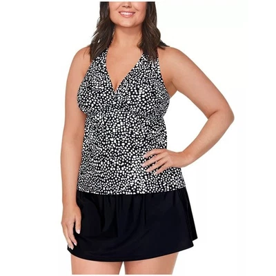 Camiseta tankini de natación Island Escape para mujer negra con espalda en H talla grande 20W Foto 1 de 4