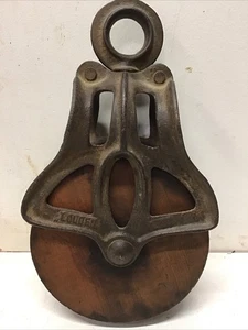 Antique Louden Cast Iron & Wood Barn Pulley A23 Made in USA 6" Wheel Nice Cond. - Picture 1 of 8