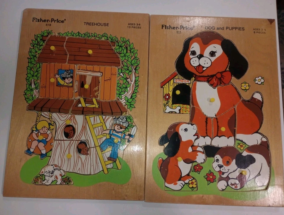 Two Vintage 70's Fisher Price Wooden Puzzles #518 And #511 Treehouse And Pups - Image 1 of 4