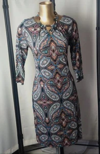 BHS DRESS SIZE 14 TEAL MULTICOLOURED PAISLEY PATTERN LONG SLEEVES GOLD BAR FRONT - Picture 1 of 9