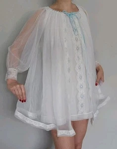 Accappatoio e camicia da notte vintage anni 70 Miss Elaine Bridal 2 pezzi nylon strato trasparente Peignoir! S - Foto 1 di 8