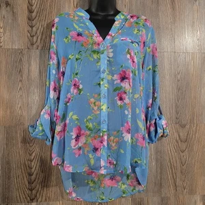 Kut from the Kloth Sheer Floral Tunic Popover Sz L Hi-Low Roll Tab Slv Feminine - Picture 1 of 15