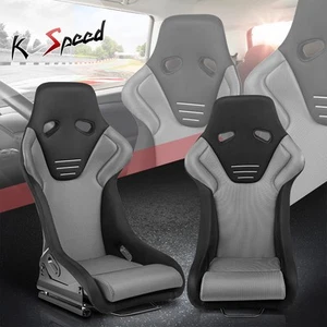 Universal Suede Fixed Bucket Racing Seats w/ Bottom Brackets Silver Left+Right - Picture 1 of 7