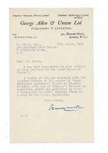 2 LETTERS SIGNED by STANLEY UNWIN (Allen & Unwin publishers) re. H.C. Andersen - Picture 1 of 3