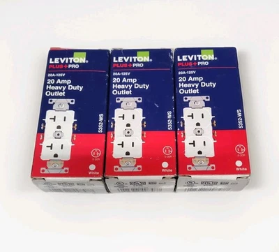 LOT OF 3 Leviton 20A Industrial Grade Heavy Duty Self Duplex Outlet White 5352 - Image 1 of 3