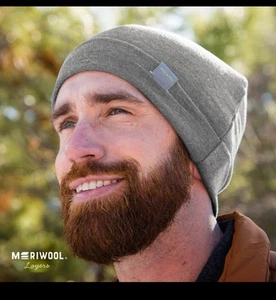 New Unisex Merino Wool Cuff Beanie Winter Hat Men & Women Gray Heather Snow Cap - Picture 1 of 7