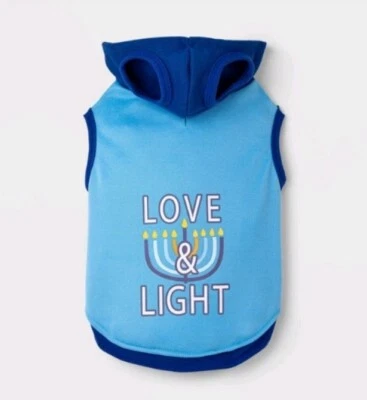 Boots & Barkley Pet Dog Hanukkah "Love & Light" Blue Hoodie Size Medium - Image 1 of 4