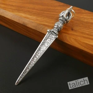 Solid 925 Sterling Silver Large Long Vajra Amulet Pendant with Ornate Scroll - Picture 1 of 10