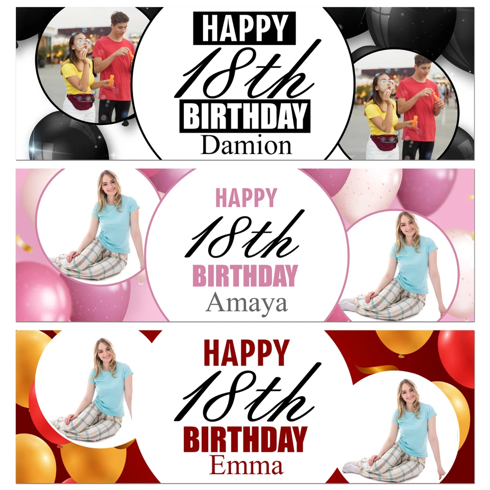 Personalised 18th Birthday Banner | 2 Photos | Pink/Cream, Red/Gold, Black/White - Image 1 of 1