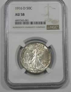 Medio dólar Walking Liberty 1916-D certificado NGC AU 58 plata 50c - Imagen 1 de 4