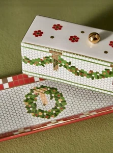 NEW ANTHROPOLOGIE BISTRO TILE BUTTER DISH & COVER 2 PCS FESTIVE HOLIDAY MOSAIC - Picture 1 of 23