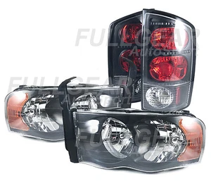 BLACK w/ CLEAR HEADLIGHT & BLACK TAIL LIGHT SET FOR DODGE RAM PICK-UP 2002-2005 - Picture 1 of 9