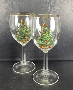 Spode Christmas Tree Set of 2 Wine Goblets With Gold Trim 7 1/4” - Picture 1 of 5