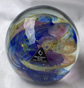 Vintage Isle Of Wight Glass Blue Pink Swirl Paperweight With Flame Pontil Label
