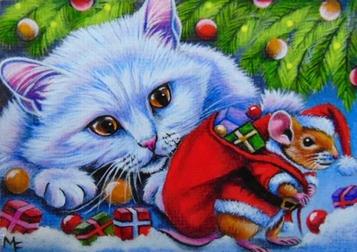 ACEO Original Gato Ratón Regalos de Navidad Papá Noel Acrílico Miniatura Pintura Arte Foto 1 de 2